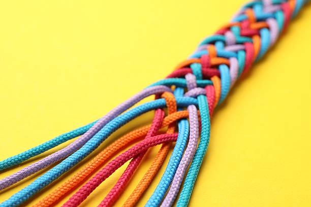 istock Braided colorful ropes on yellow background, closeup. Unity concept 2230792929