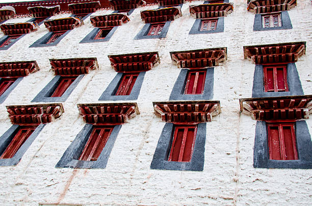 Tibetan Architecture with Distant Snow Mountain Landscape