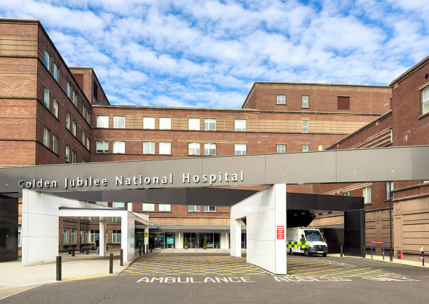 Glasgow, Scotland - An ambulance near the entrance to the Golden Jubilee National Hospital in the west of Glasgow.