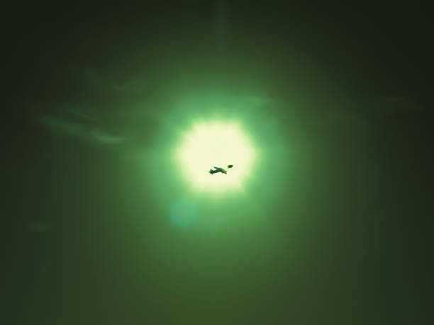 Airplane Silhouette Against a Surreal Green Tinted Sun