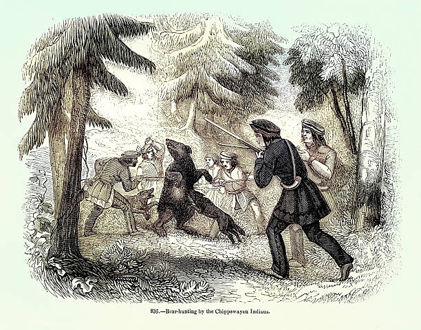 Chipewyan native American hunting bear, with dogs, spears, muskets, 19th Century Victorian vintage illustration