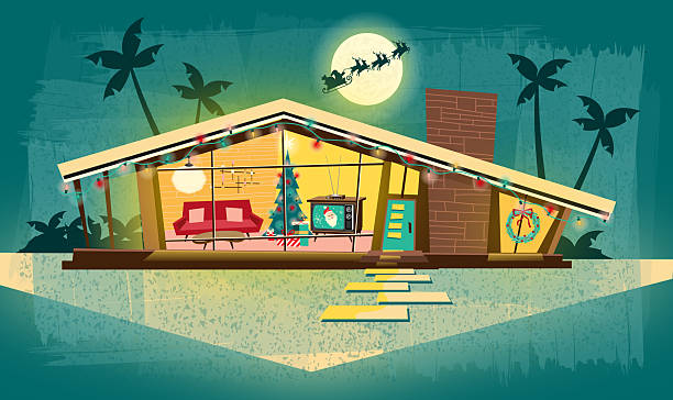 Vector illustration of a Vintage Holiday Retro Mid-century Home exterior scene decorated for Christmas with Tree, Television and Santa on textured background. Download includes vector eps and high resolution jpg.