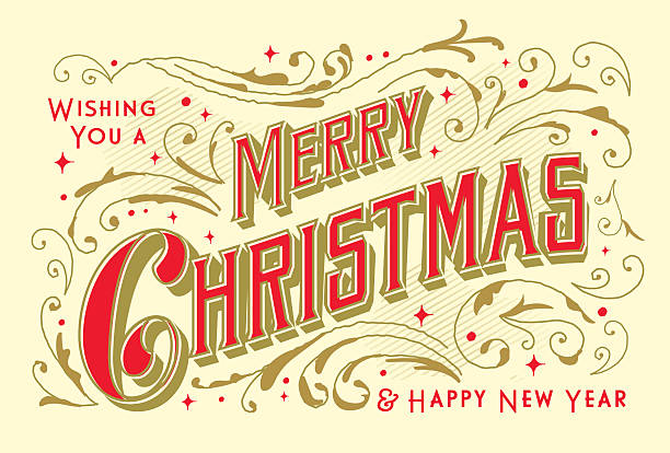 Vector illustration of a Vintage style Postcard Hand lettered Merry Christmas Season Greeting card design template with branches berries and florals. All fonts outlined or expanded. Download includes vector eps and high resolution jpg.
