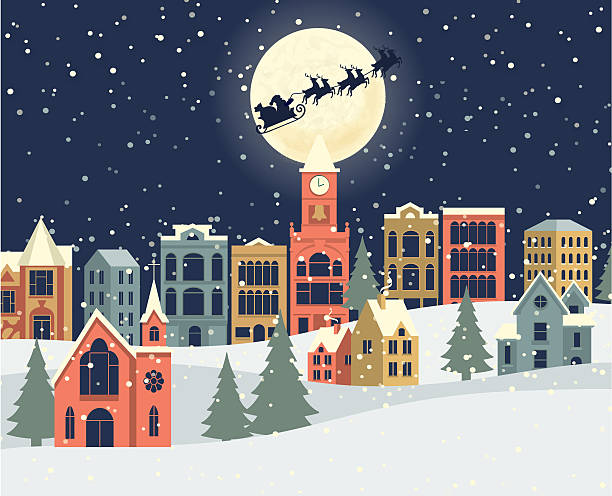 istock Christmas small town square with downtown buildings trees and snowing winter scene Christmas Eve Santa and reindeer flying over moon dark blue background 2230803791