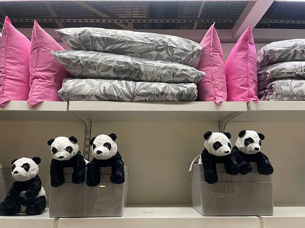 istock Home Decor Display with Pink Cushions, Leaf Print Pillows, and Panda Plush Toys 2230804812