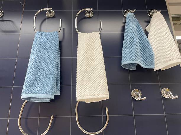 istock Bathroom Hand Towels in Blue and White on Towel Holders 2230805032