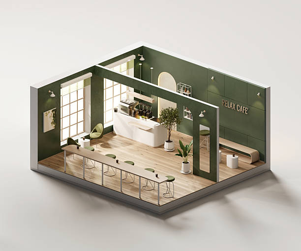 istock Isometric view black and white minimal cafe store interior architecture, 3d rendering digital art. 2230806106
