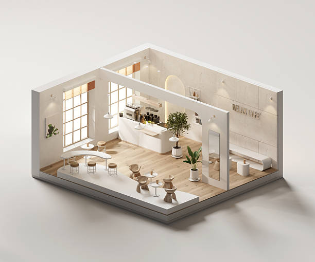 istock Isometric view black and white minimal cafe store interior architecture, 3d rendering digital art. 2230806113