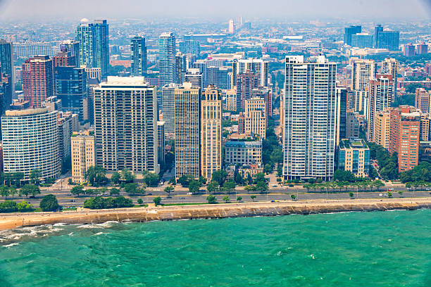 daytime view of the Chicago skyline, lake Michigan and the Ohio street beach.