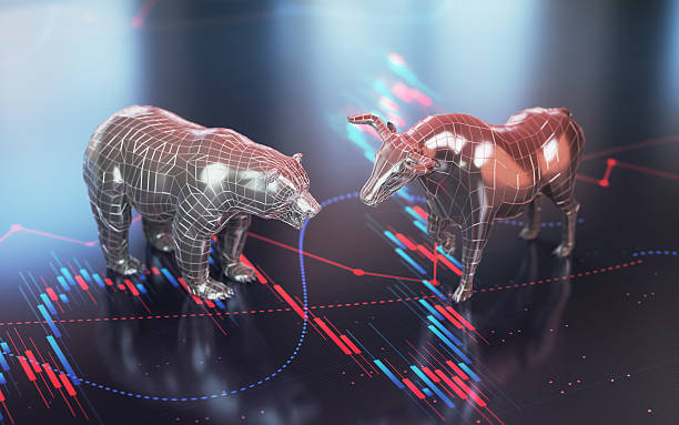 istock Bull and Bear Market Concept on Blue Red Reflected Financial Chart Background 2230823757