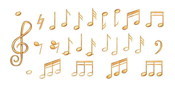 istock Watercolor hand drawn musical note golden music notes in sketch style set on isolated background. Yellow melody symbol clip art. Music illustration for design, festival posters, concert flyers 2230824016