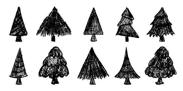 Black crayon hand-drawn Christmas trees by children. Set of pastel wax squiggle strokes on a blackboard background mimic charcoal doodles. Perfect for school or kindergarten use. Vector silhouettes