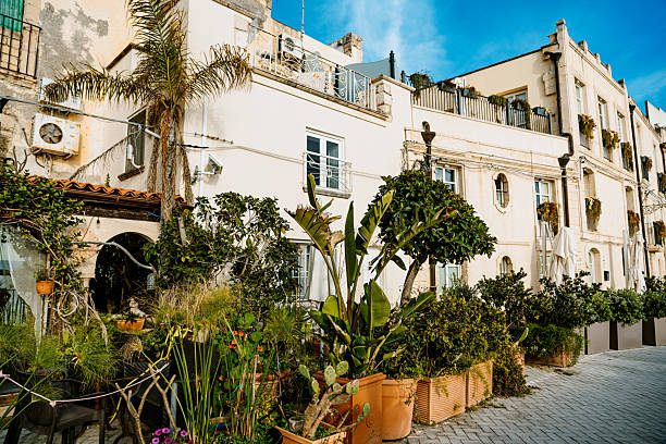 Mediterranean-style urban scene with vibrant plants surrounding historic buildings under a clear sky, captured in Syracuse, Sicily. Highlighting peaceful atmospheres, architectural beauty, and green cozy courtyards.