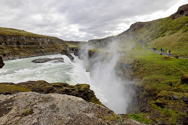 Gullfoss Falls is made up of 2 distinct stages - the first drop is 36 feet followed by a second, larger plunge of 69 feet. Together, these states create an incredible display of power.