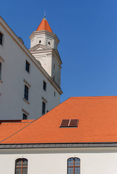 This is a stunning and vibrant view of historic architecture that features a bright orange roof along with a tower