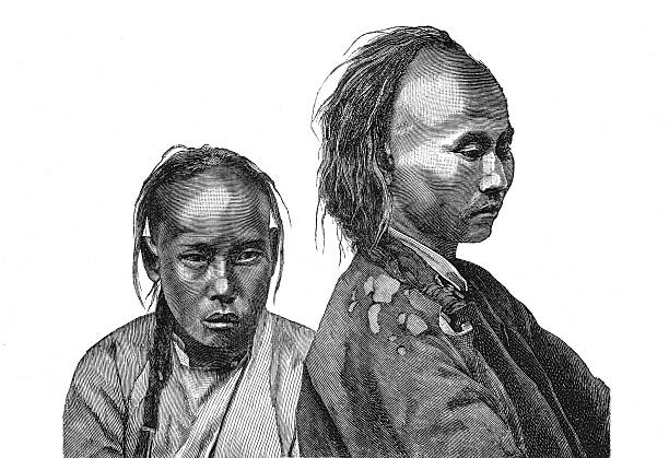 Tungus (Evenki) man and woman in traditional national costumes, showcasing intricate fur and leather clothing adapted for nomadic life in the Siberian taiga, old vintage illustration, 1899.
