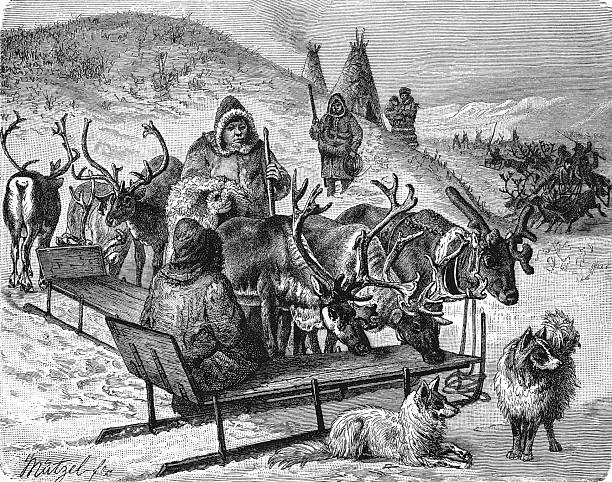 Samoyed (Nenets) reindeer sleds and traditional yurts in the snowy Arctic tundra, showcasing indigenous nomadic life in extreme Siberian conditions, old vintage illustration, 1899.