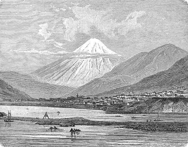 The Avacha Volcano near Petropavlovsk in Kamchatka, showing its distinctive double crater and snow-covered slopes during a period of volcanic activity, old vintage illustration, 1899.