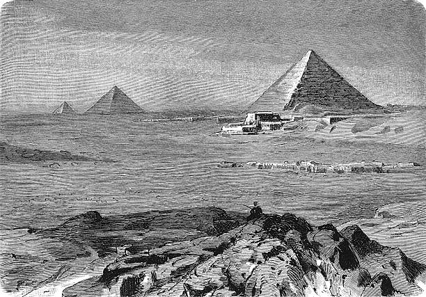 The iconic pyramids of Giza standing on the desert plateau, with the Great Pyramid of Khufu dominating the skyline near Cairo, old vintage illustration, 1899.