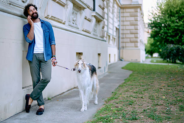 istock Man talking on the phone while walking his Borzoi dog 2230864022