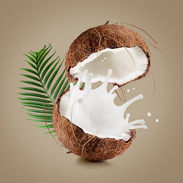 istock coconuts with milk splash and leaf on a light gbrown background 2230864542
