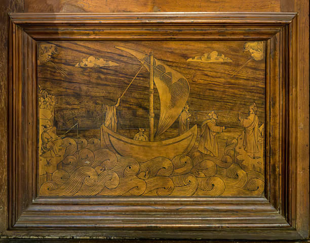 istock Renaissance wood inlay panel depicting a sailing scene with figures and waves, attributed to Fra Damiano da Bergamo, Basilica di San Pietro, Perugia, Italy. 2230866776