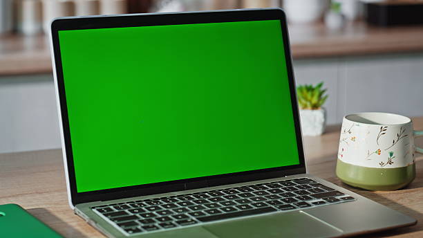 istock Woman finger pressing green screen laptop kitchen closeup. Lady touching button 2230870623