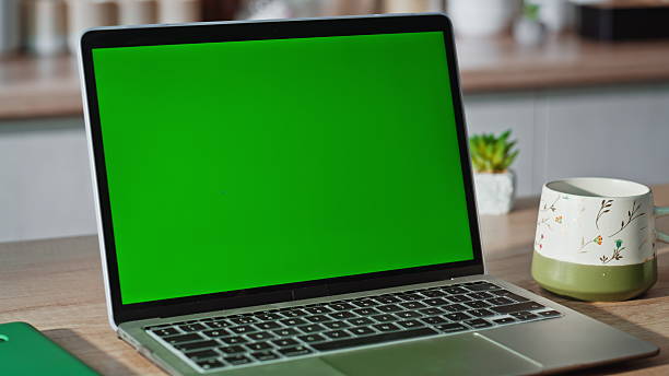 istock Fingers touching greenscreen laptop sitting cuisine closeup. Lady working pc 2230870647