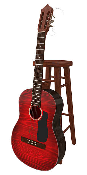 istock Red classical guitar leaning on wooden chair 3d render 2230871161