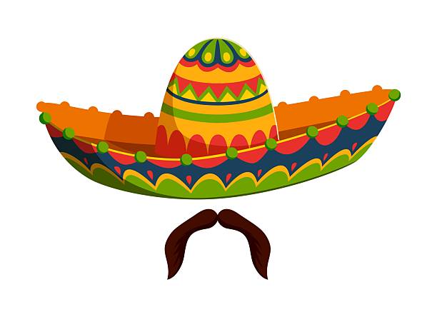 Cartoon Mexican mariachi sombrero hat with moustaches, Cinco de mayo holiday accessory. Isolated vector Mariachi musician or charro cap adorned with bright patterns, symbolizes Latin American culture