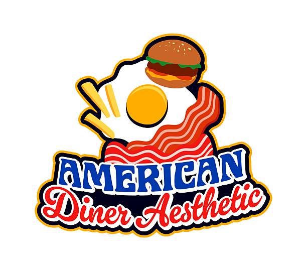 American diner aesthetic vintage Y2K sticker or patch. United States of America country Y2K vector label, USA food patch. American flag colors tag with bacon, fried egg, french fries and burger