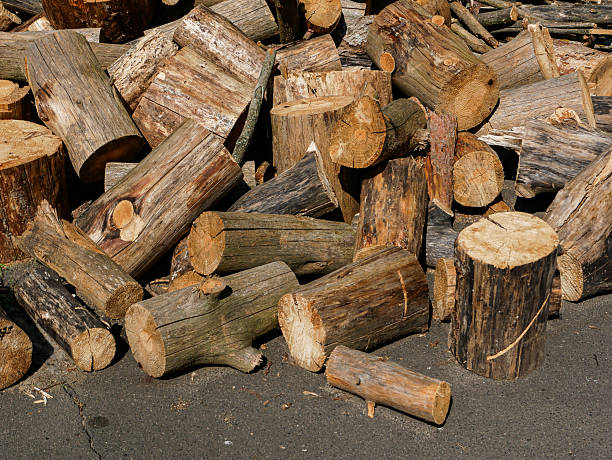 Sawed tree trunk. Choppers for chopping wood for heating the stove.