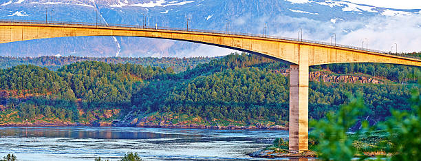 A scenic view featuring a bridge in Norway crossing a lush green forested river valley, with majestic snow-topped mountains in the background, illuminated by the warm glow of sunlight.