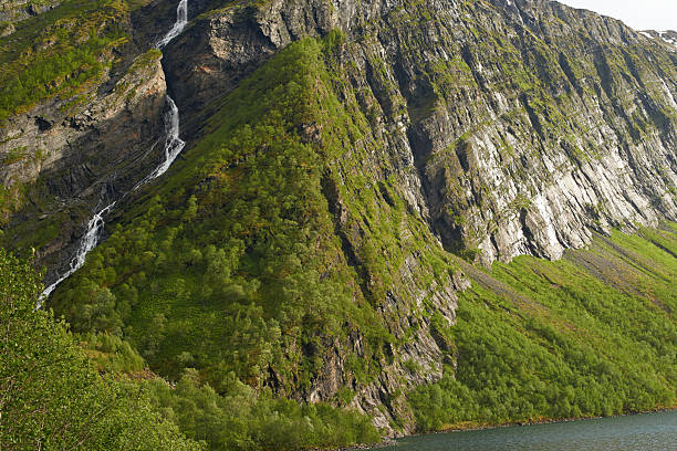 A breathtaking view of a lush forest-covered cliff with a cascading waterfall in the heart of Northern Norway, beyond the polar circle, captures the serene beauty of Nordic wilderness.