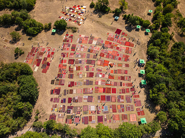 Colorful Carpet Market Outdoors, Aerial View