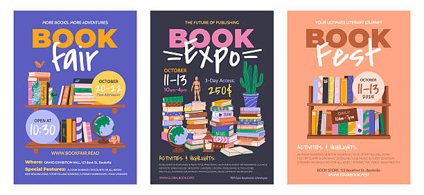 Set of vertical posters for Book Fair, Festival, and Book Expo. Templates for advertising and promotion. Stacks of various books, bookshelves and decor. Banner designs for World Book Day concepts.