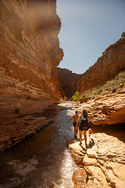 istock Two Women Hike In Sulfur Creek Through Deep Canyon 2230878253