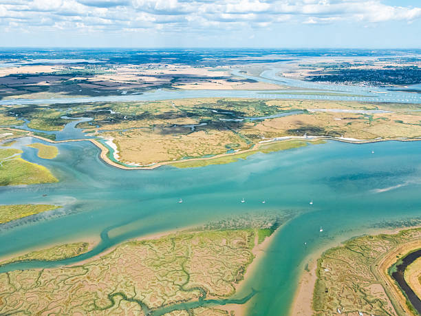 Aerial view of the salt marshes in tollesbury, england, displaying intricate patterns under a cloudy sky