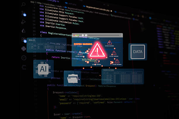 istock Futuristic concept of Laravel backend code with AI icons, data permissions, and system warning alert. Ideal for cybersecurity, data breach, backend development, and risk management visuals. 2230883556