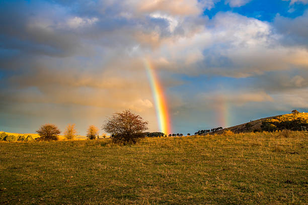 Landscape with green meadow, forest and a dramatic cloudy sky and colorful rainbow. This photo was shot in Talant village near Dijon city, in Cote-d'Or department, Bourgogne-Franche-Comte region in France during a spring sunny day.