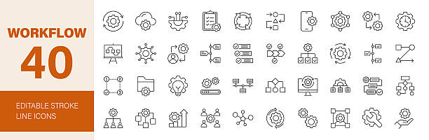Containing workflow, work process, networking, scheme, timeline, method, gear, management, planning, diagram, flowchart and more. Editable line icons. Vector illustration.