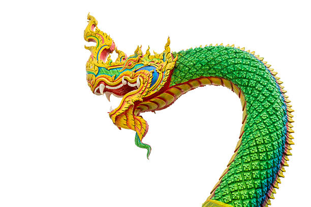 Green Naga statue with intricate golden details, Isolated on white background