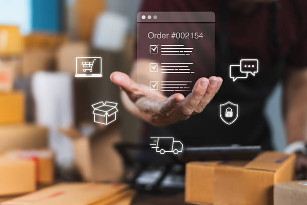 istock Online store owner managing secure e-commerce order checklist with shipping, logistics, and customer communication icons 2230901590