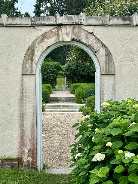 istock Charming garden view through an arched doorway. 2230907495