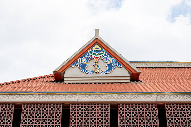 Architectural detail showcasing traditional temple roof design with intricate mosaic artwork. The vibrant colors and patterns reflect cultural heritage, suitable for cultural studies or architectural inspiration.
