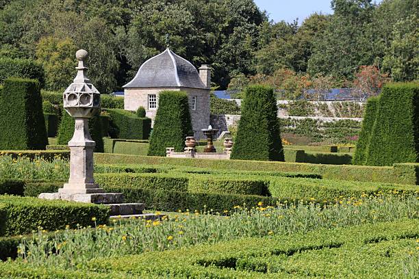 View of flowers, plants and monuments in Pitmedden Gardens, Ellon, Aberdeenshire, Scotland