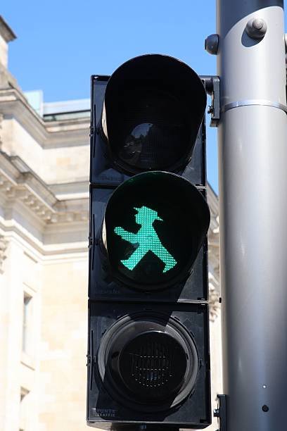 Berlin, Germany – August 11, 2025: Close-up of Berlin's iconic green Ampelmann at a pedestrian traffic light