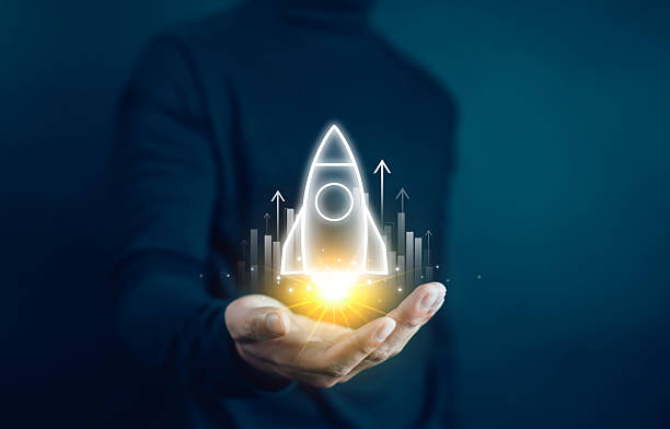 istock Businessman touching transparent rocket icon launching. Startup concept, rocket, company growth, success, technology, marketing, finance, innovation, creative design project. 2230925992