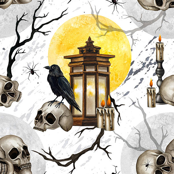 Halloween seamless pattern skulls, black ravens, lantern, branches, candelabrum with burning candle, yellow full moon. Watercolor illustration isolated from background for Day of the Dead decoration. vector art illustration