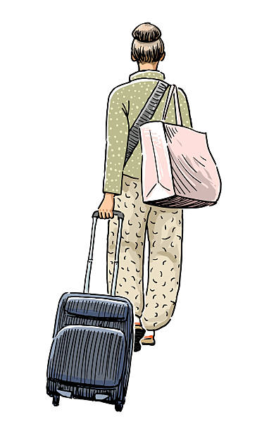 istock One young fashionable woman with suitcase and bag going on vacation, back view, vector realistic hand drawing on white background 2230927455